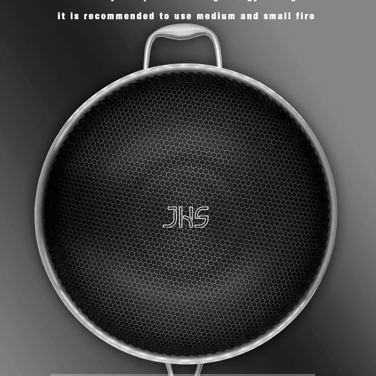 High quality honeycomb non-stick stainless steel flat frying pan stainless wok with Glass Cover non stick wok pan