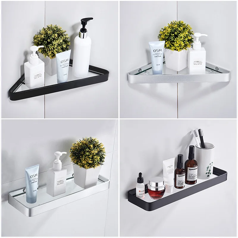 Bathroom Shelving Solution Rectangular Tempered Glass Bathroom Shelf Wall Mounted with Aluminum Frame Shower Storage Organizer