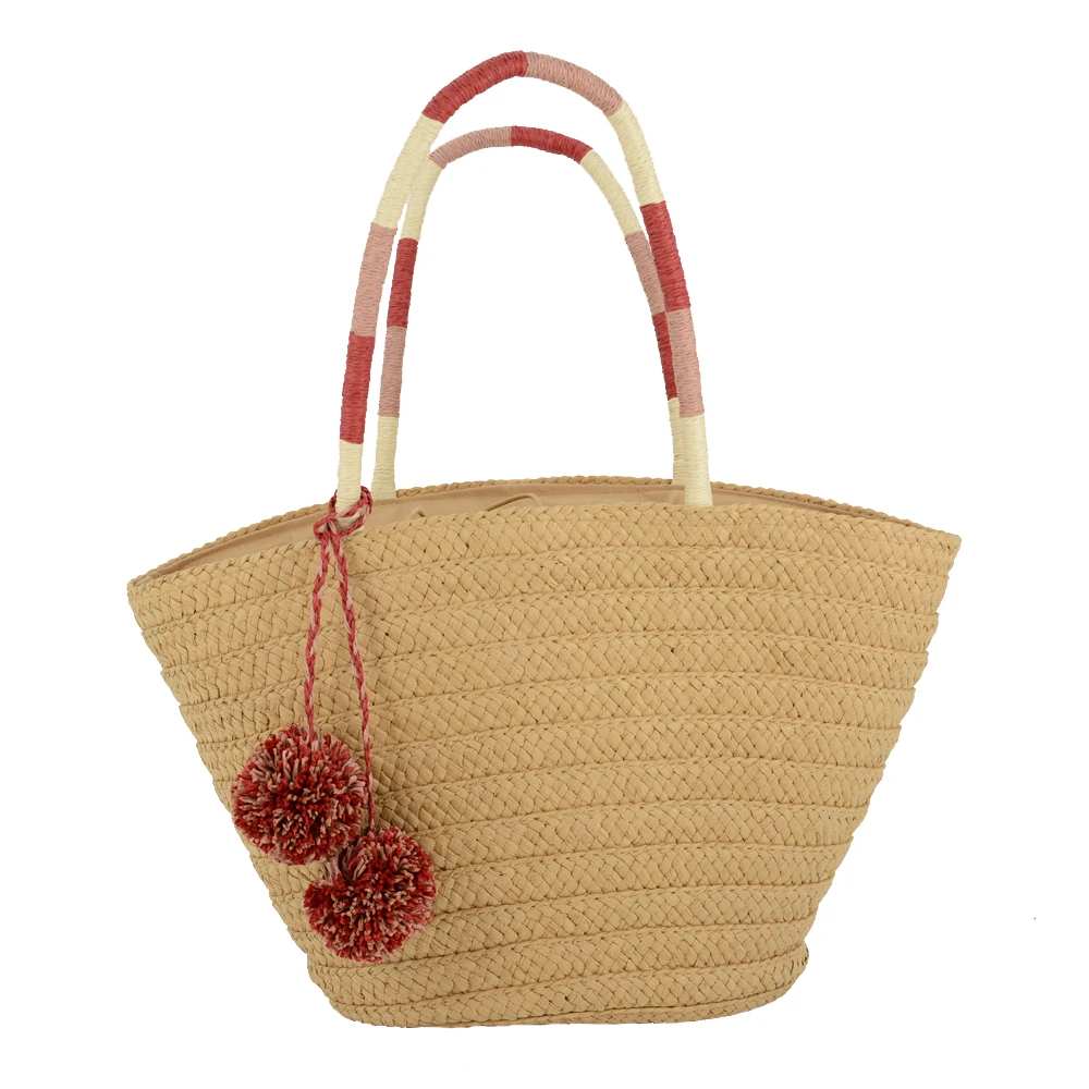 China supplier new design OEM womens straw beach tote bag with pom poms trimming drawstring closure straw tote