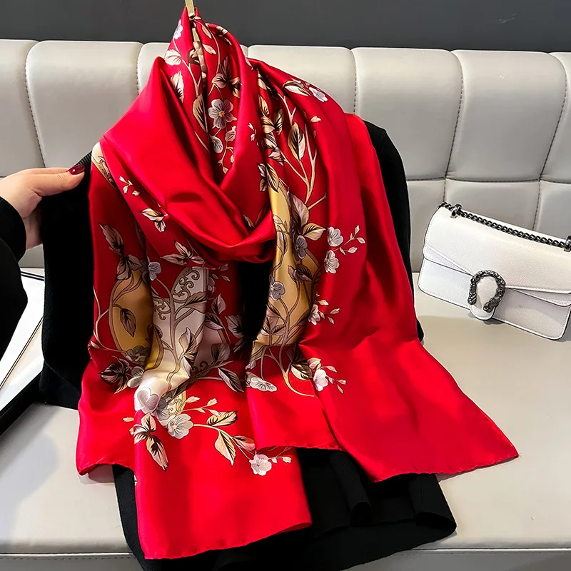 Fashion 2024 Spring Summer Long Large Silk Feelings Head Scarf Muslim Wraps Black Floral Printed Scarves Shawls Stoles for Women
