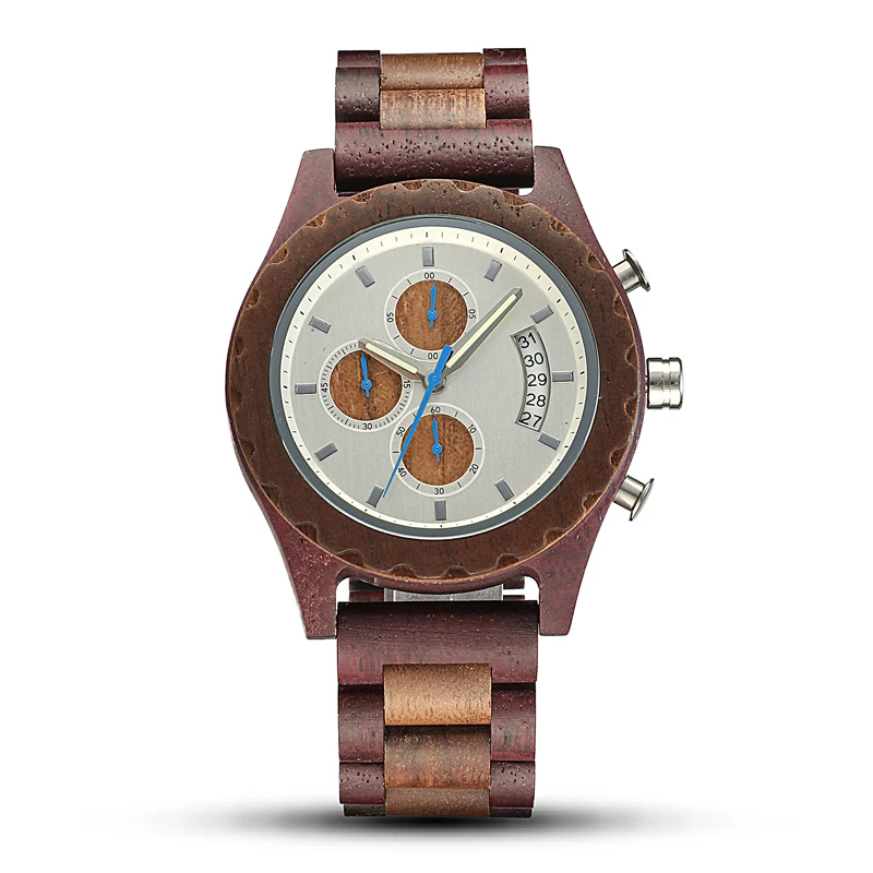 SOPEWOD Wood And Stainless Steel Watches Luminous Hands Stop Watch Mens Quartz Wristwatches In Wooden Box