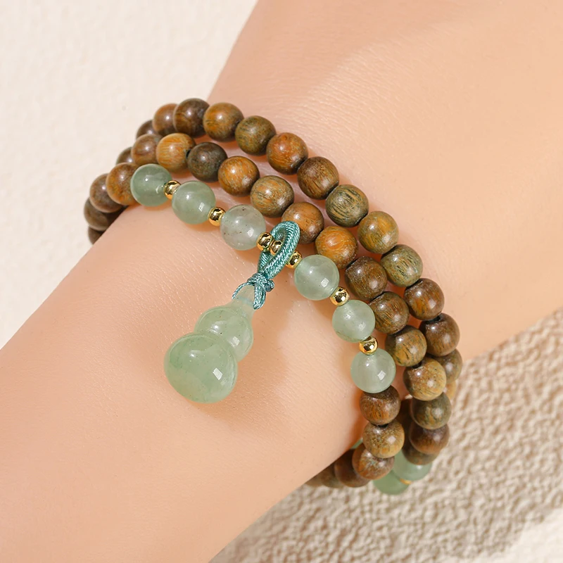 JD GEMS Wood Prayer Bead Mala Meditation Bangles Jewelry 6mm Green Sandalwood Natural Green Aventurine Gourd Multilayer Bracelet