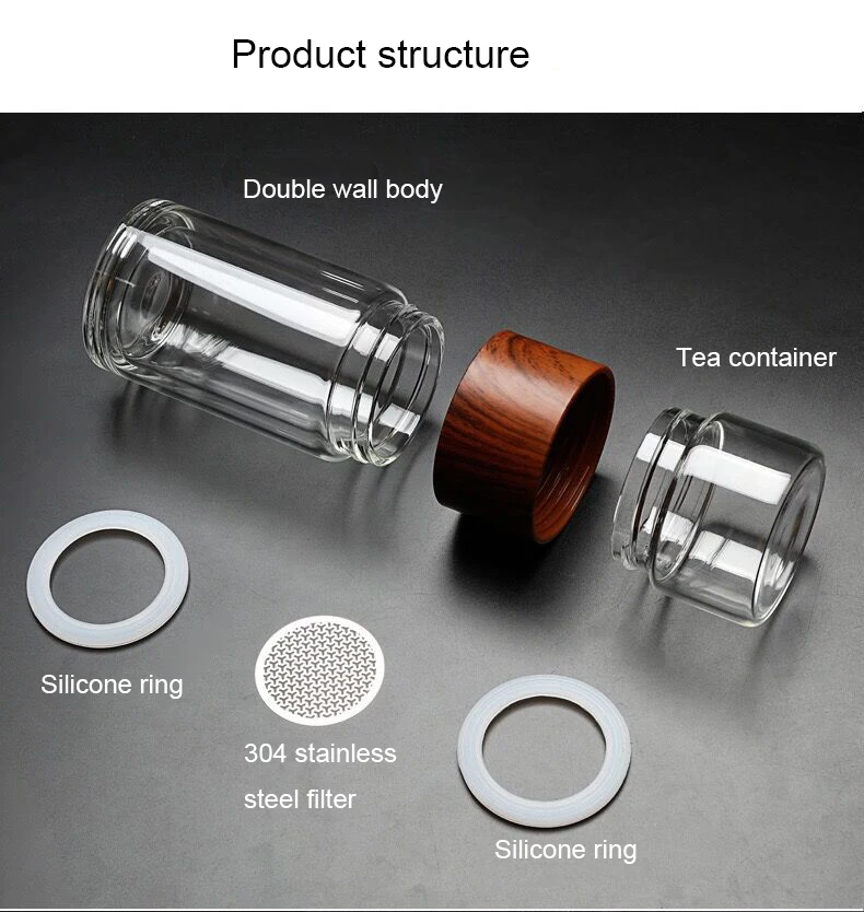 BPA Free Double Wall Glass Travel Tea Mug with Stainless Steel Filter  Leakproof Tea Bottle with Strainer