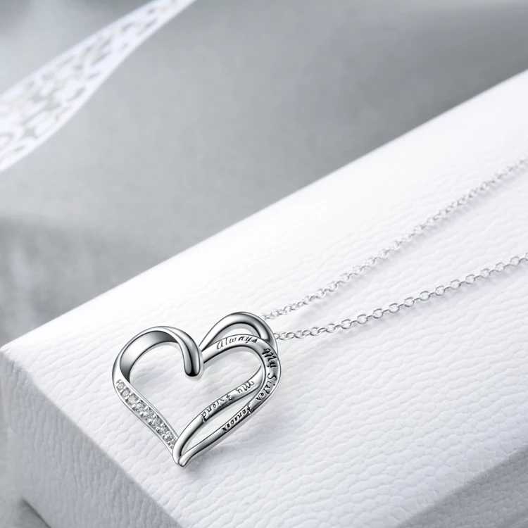 Fine Jewelry 925 Sterling Silver Engraved Zircon Double Love Heart Pendant Necklace