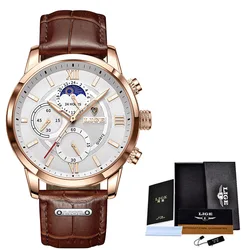 LIGE  Men Casual Quartz Watches Clock Leather Waterproof Chronograph Date Watch + Gift Box