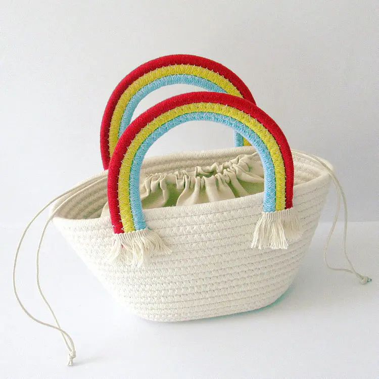 Wholesale Women Summer Beach Solid Color Stripes Pattern Rainbow Handle Straw Woven Handbags