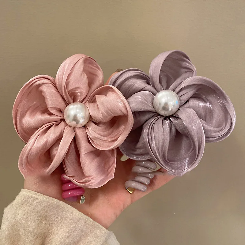 Elegant Big Floral Wire Line Elastic Hair Band With Pearl Women Plastic Hair Ties Wholesale Accessories