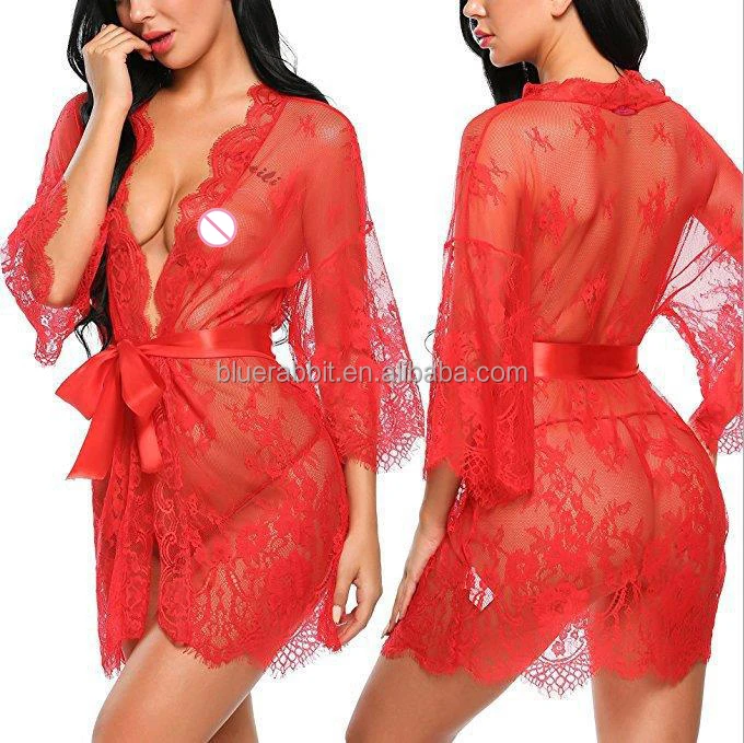 Women Sexy Nightwear Plus Size Robes S-3XL Lace Nightgown Sleepwear Temptation Dress G-String Sexy Lingeries See-through Robes