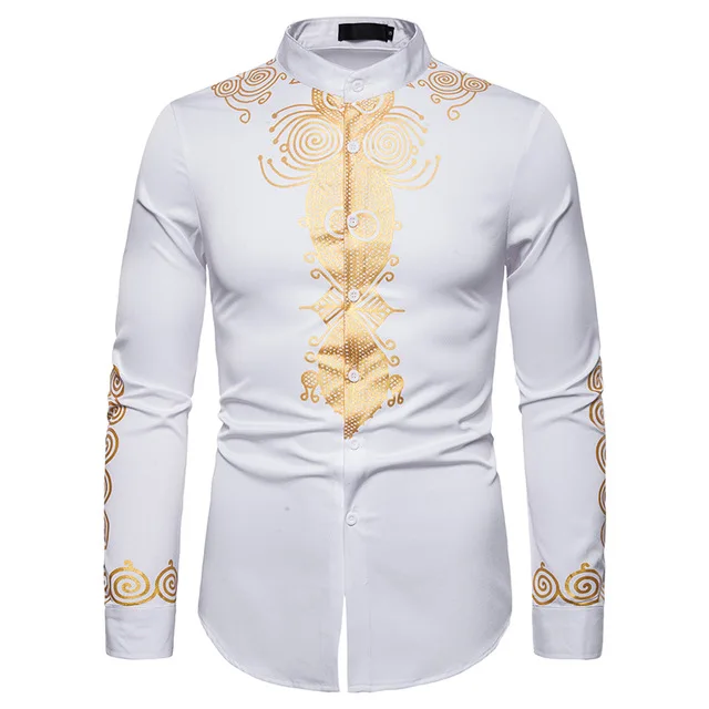 
Men Cotton Polyester African Printing Long Sleeve Stand Collar Dashiki Mens Shirts 