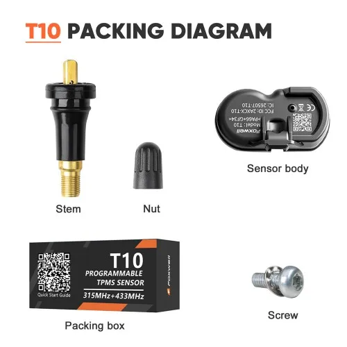 Foxwell T10 Universal Programmable TPMS Sensor Rubber Valve Stem 433/315 MHz 2 in 1 Gum Head