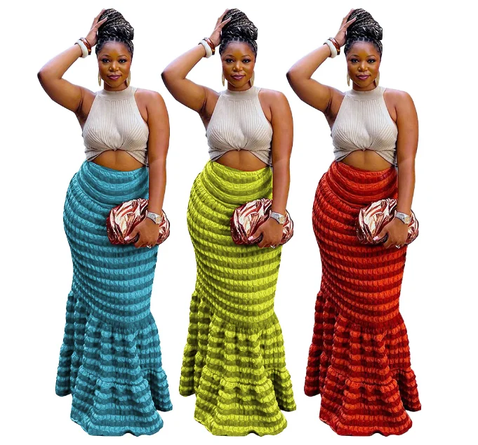 2023 Fall New Design Sense Popcorn Maxi Skirt Casual High Waist Ruffle Skirt Sexy Skinny Women Long Skirt