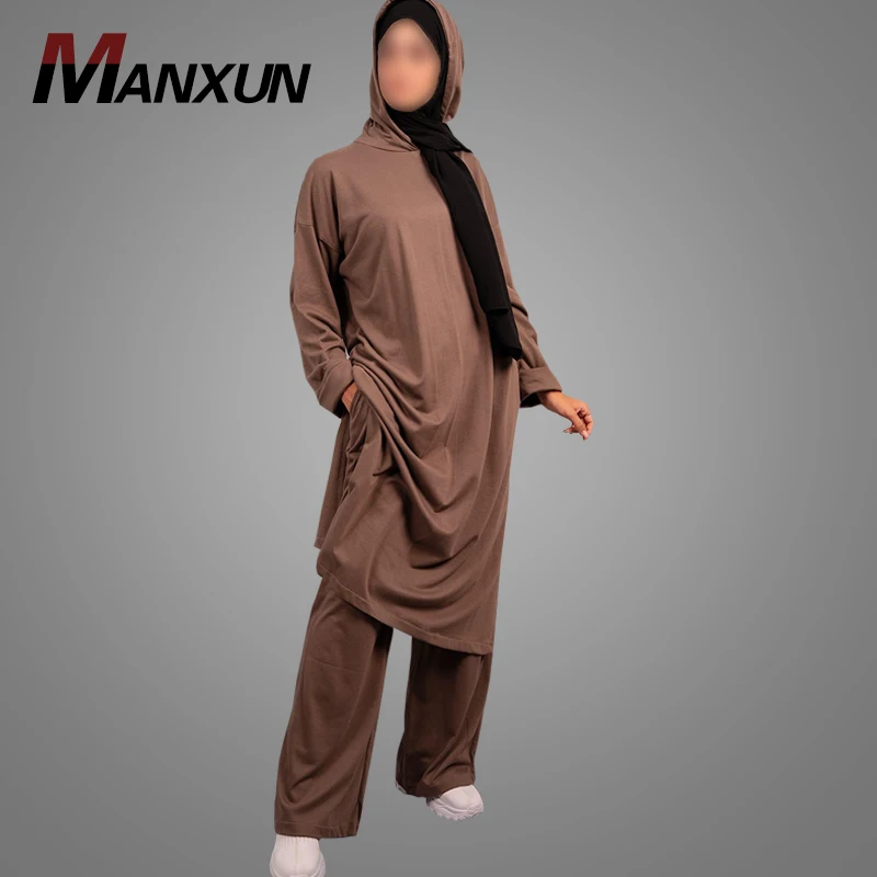 Newest Muslim Women Hoody Abaya Dress 2-Piece Set Basic Top With Pants Everyday Tunic Islamic Clothing Lady Blouse