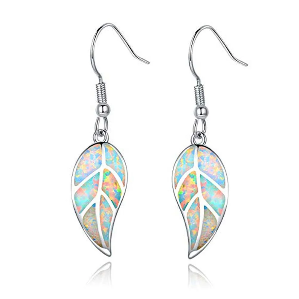 Manufacturer Wholesale Fashion Blue / Green Fire Opal Leaf Drop Earring Jewelry For Lady
