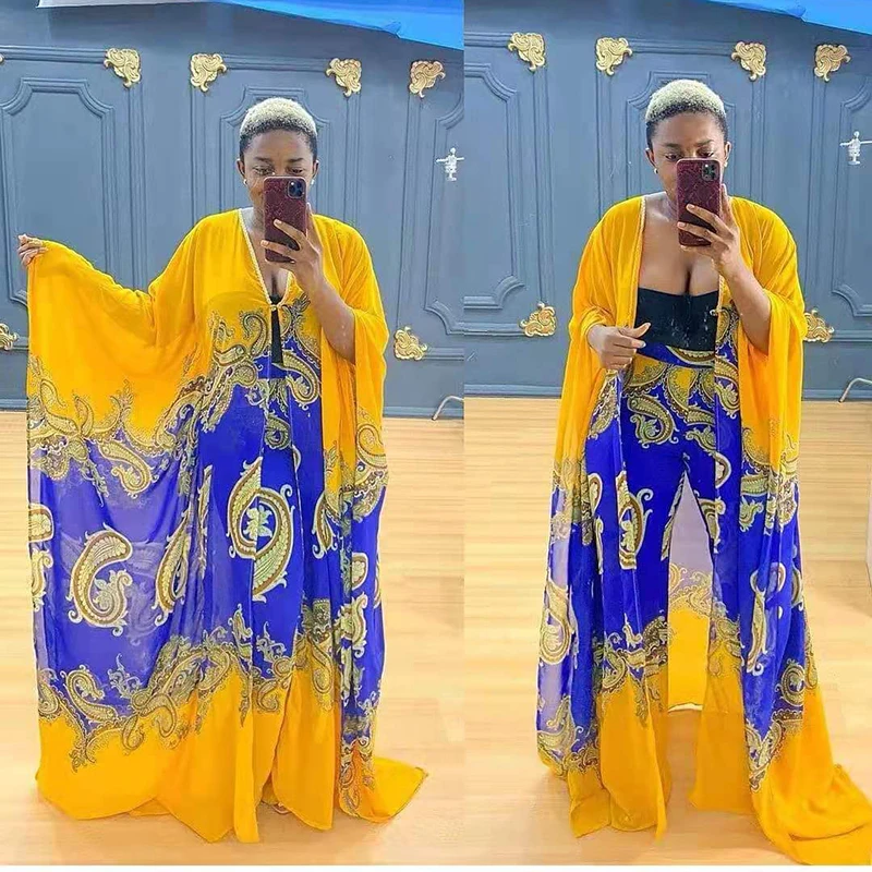 Printed Chiffon Long Cardigan Pants Two Piece Set African Clothes Women Fashion Suit