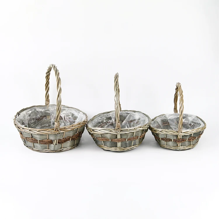 New 3pcs set wicker basket wood chip oval gift basket hamper with handle banana rope plastic lining handle oval basket