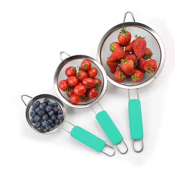 Hot Sale Stainless Steel Fine Mesh Strainers Set for Kitchen Colander Sieve Sifters with Long Handle For Tea Coffee Powder Fry J