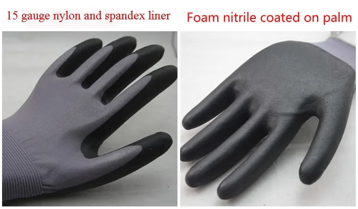 15 Needle Gray Nitrile Work Gloves with Seaml Knitted Nylon Lining Ultra-Fine Foam Black Palm Immersion Safety Usage