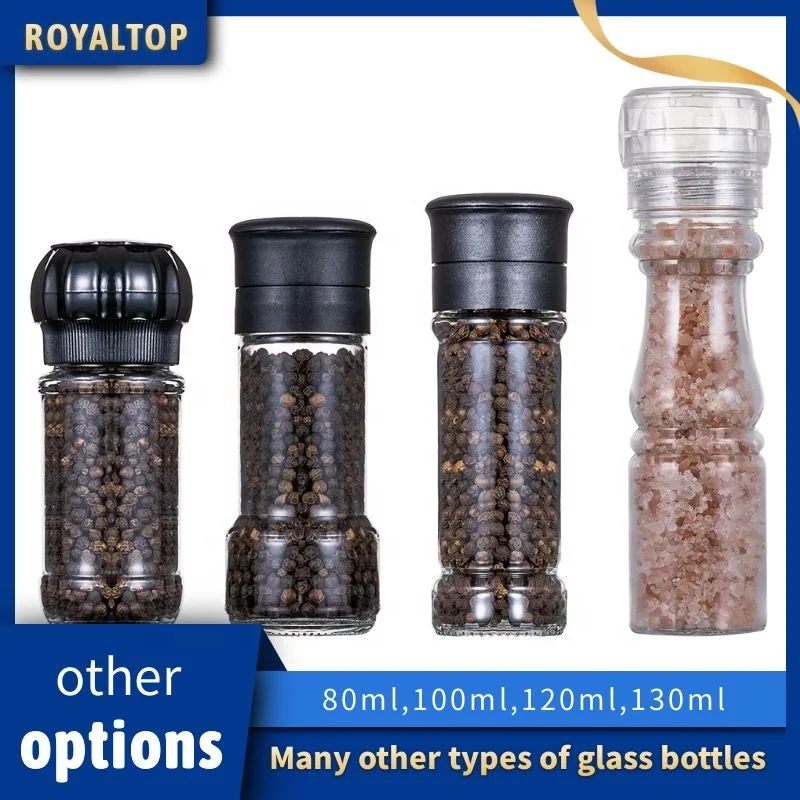 Wholesale 100ml Small Glass Spice Packing Bottle 3oz Ceramic Pepper Mill and Plastic Salt Grinder Lid Manual Grinding