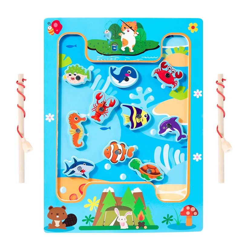 Wooden educational fishing toys magnetic funny fishing game for kids novelty fish toy puzzle preschool