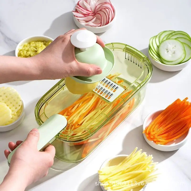 6 Blades Manual Kitchen Cutter Fruit Meat Garlic Potato Cutting Vegetable Chopper With Container Multipurpose Plastic Slicer