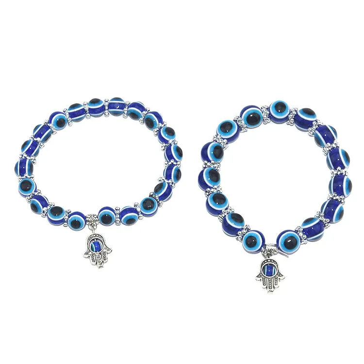 Wholesale New Fashion Retro Blue Eyes Beads Lucky Bracelet Hand Shape Silicone Bracelet Jewelry Men And Women Couple Custom