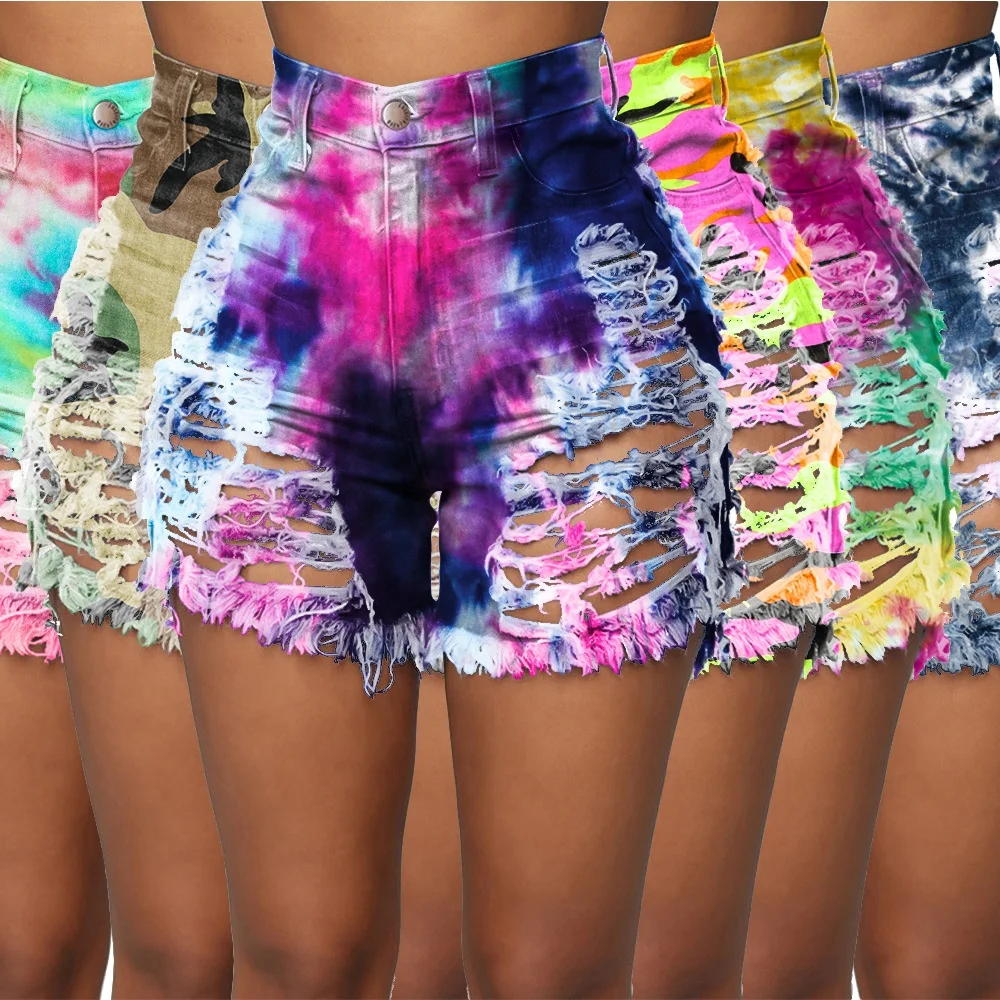 Liu Ming New Fashion Women Summer Ripped Casual Bottom Club Tie Dye Printed Short Jeans Denim Pants