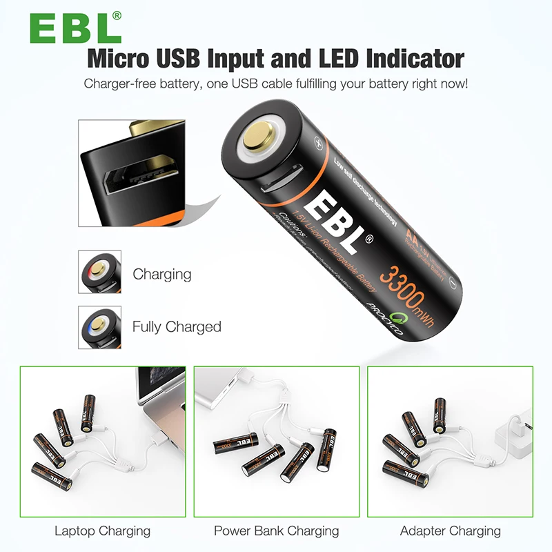  EBL Manufacture Wholesale New Arrival Fast Charge High Capacity USB Rechargeable Li-ion Battery AA Lithium