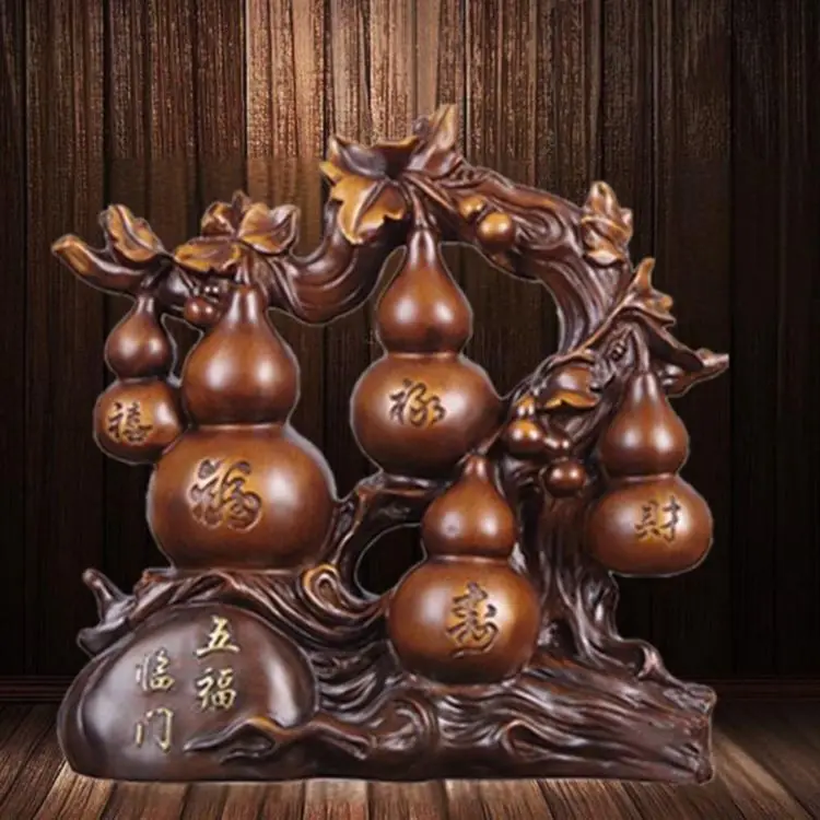 Fortune Longevity Happiness Wealth Gourd Five Blessings Wood Sculptures Crafts Ornaments Living Room Entrance Home Furnishings