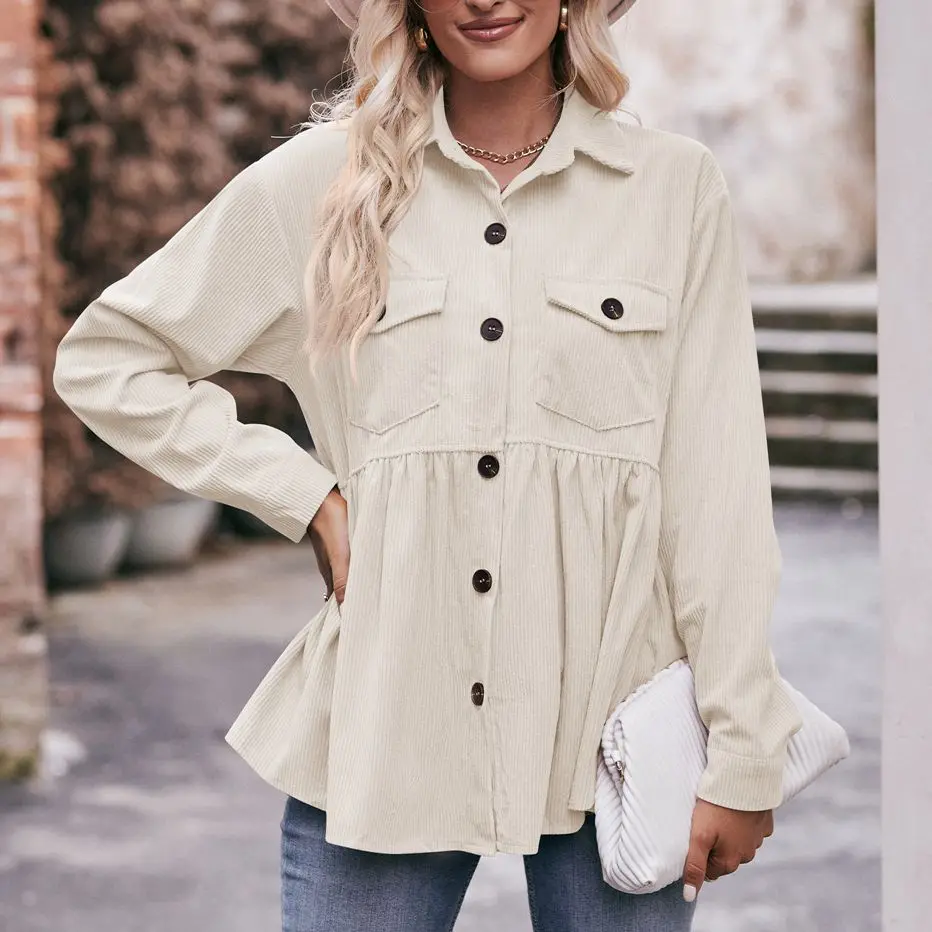 Women Vintage Corduroy Pockets Single Breasted Shirts Autumn Winter Trendy Solid Long Sleeve Loose Blouses Casual Streetwear Top