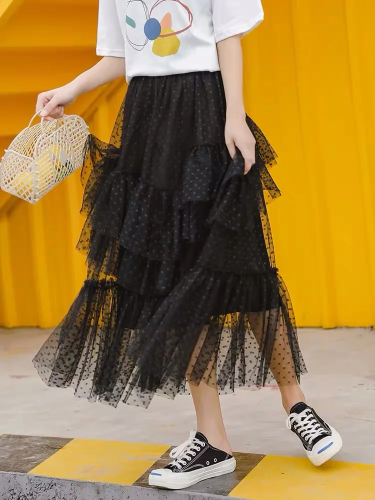 
Layered spot women mesh skirt, gathers women beach skirts, vacation style 