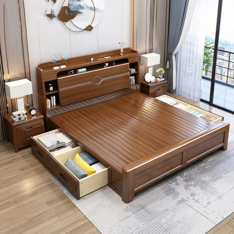 Light luxury gold silk sandalwood solid wood bed 1.5 meters 1.8 meters double high box leather soft storage bed