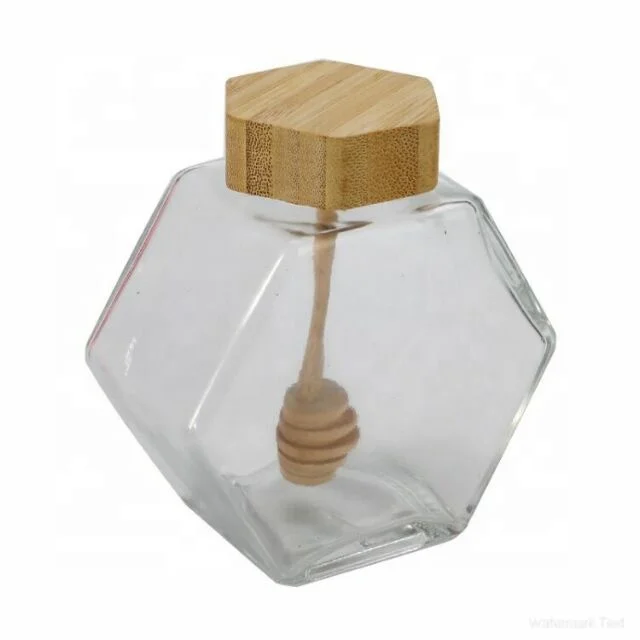 Hot Selling Product Food Grade Unique Empty Clear Hexagonal Glass Honey Jars With Wooden Dipper