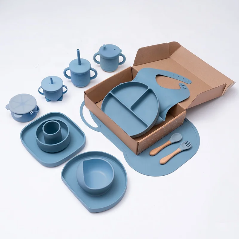 Customised Portable New 8 Pieces Non Toxic Bpa Free Bib Silicone Food Tableware Silicon Suction Baby Feeding Set For Baby Kids
