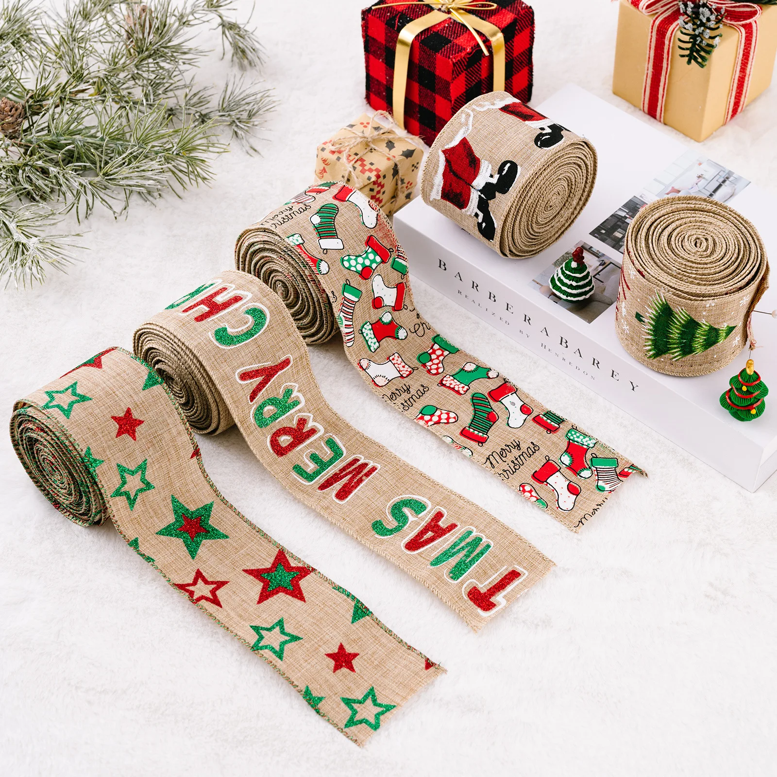 Christmas Ribbon Christmas Wired Edge Ribbons Burlap Craft Ribbon for Christmas Tree Decoration