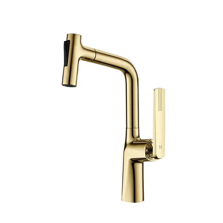 Luxury Zirconium Gold Pull Down Kitchen Sink Mixer Tap Flexible Hose Single Handle Deck Mounted Kitchen Faucet