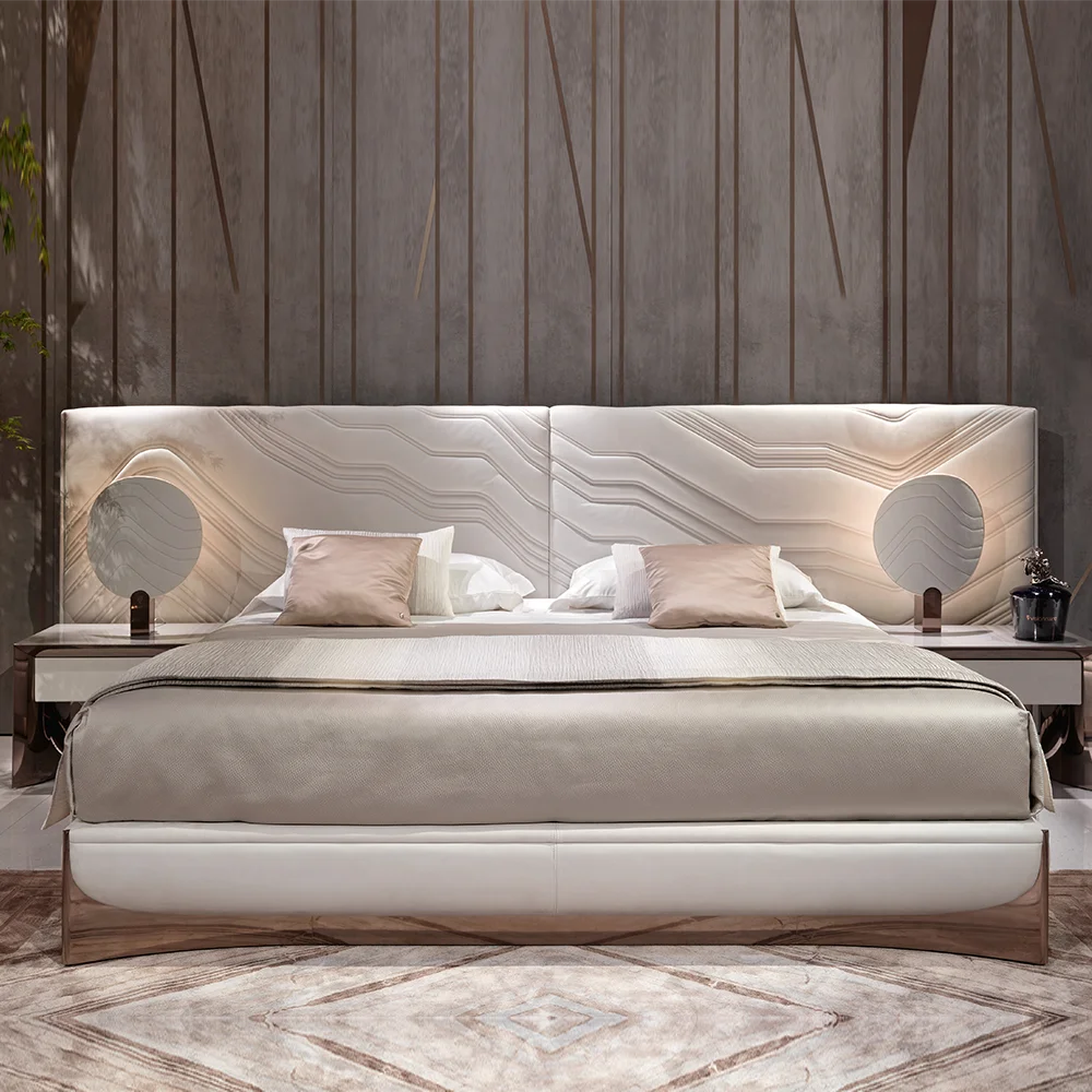 Italy Design Luxury Wide High Headboard Bed White Leather King Size Bed Furniture