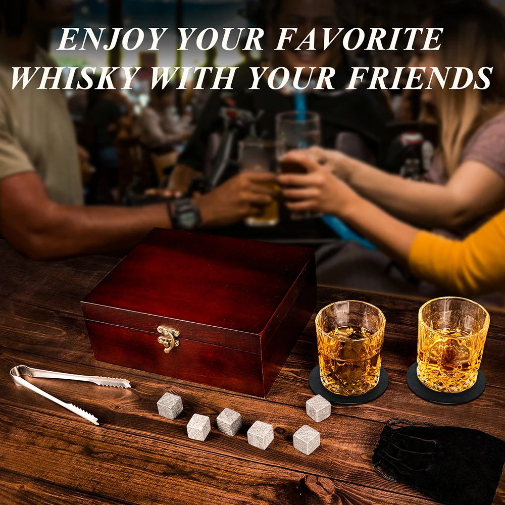 Hot Selling Bar Accessories Cooling Chilling Ice Cubes Whiskey Stones Gift Set With 2 Whiskey Glass And Velvet Bag