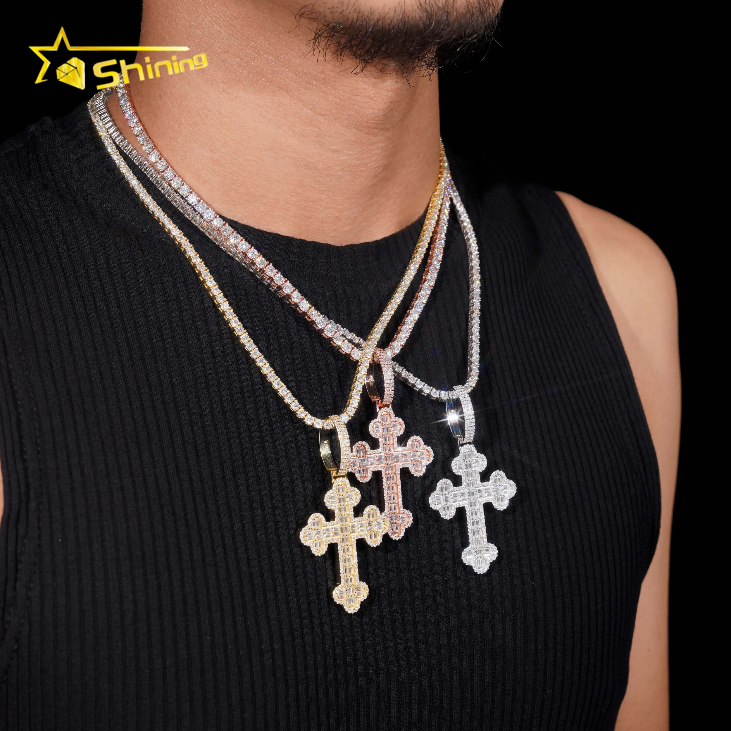 Hip Hop Jewelry 925 Sterling Silver Gold Plated VVS Moissanite Diamond Men Necklaces Moissanite Cross Custom Iced Out Pendants