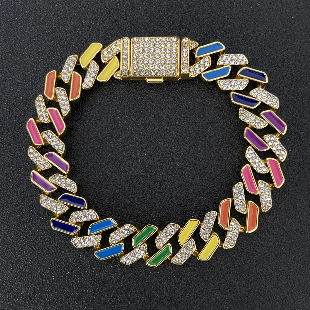 
Colorful Enamel Hip-Hop Cuban Link Chains Bracelets 12mm Iced-Out Bling Miami Paved Rhinestone Luxury Jewelry Silver Gold 