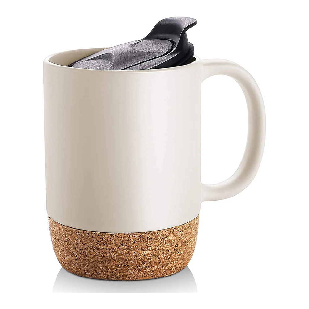 Hot sale Custom Travel Sublimation Porcelain 15oz Large Ceramic Coffee Mugs with Insulated Cork Bottom and Splash Proof Mug Lid