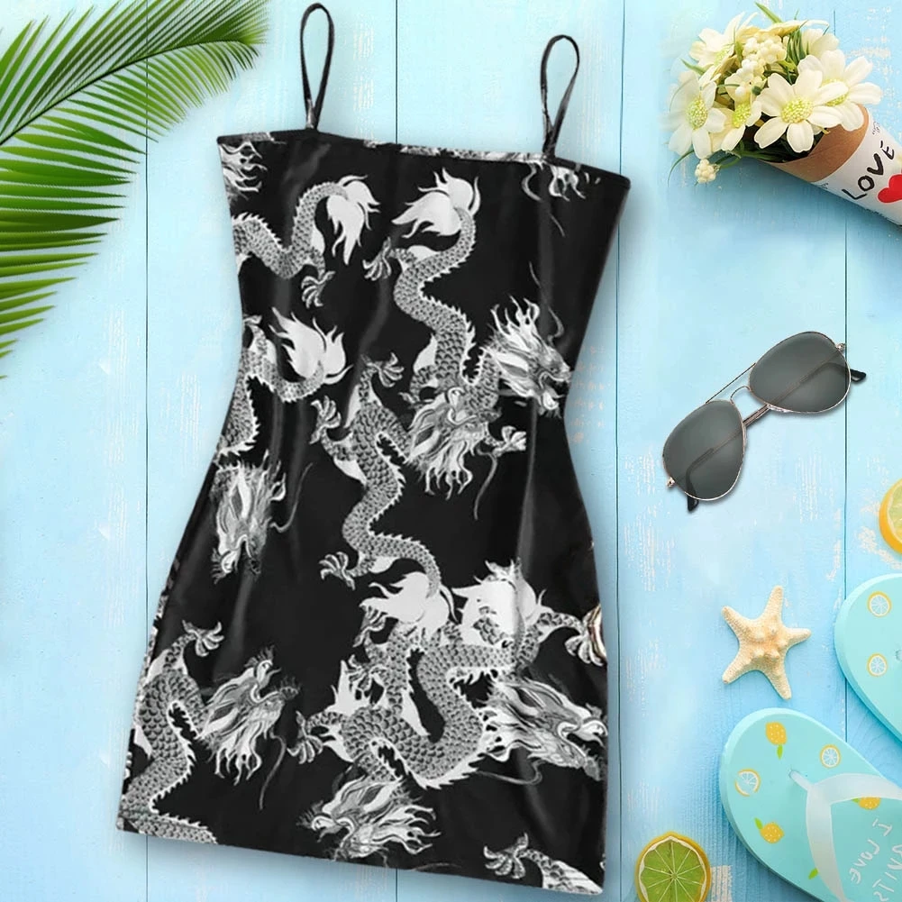 
New Summer Women Dragon Pattern Sleeveless Split Hip Slender Slim Fit Sexy Print Dress 