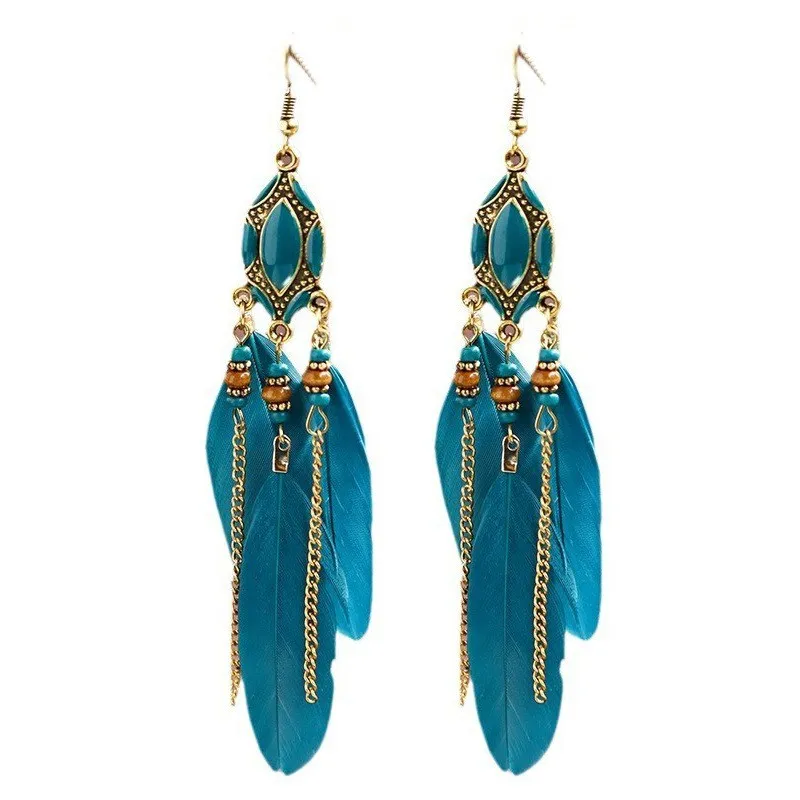 Bohemian Ethnic Style Long Feather Earrings Hoop Earrings Gold Gift Paper with Tassel Chain Fashion Carton Women's BOHEMIA