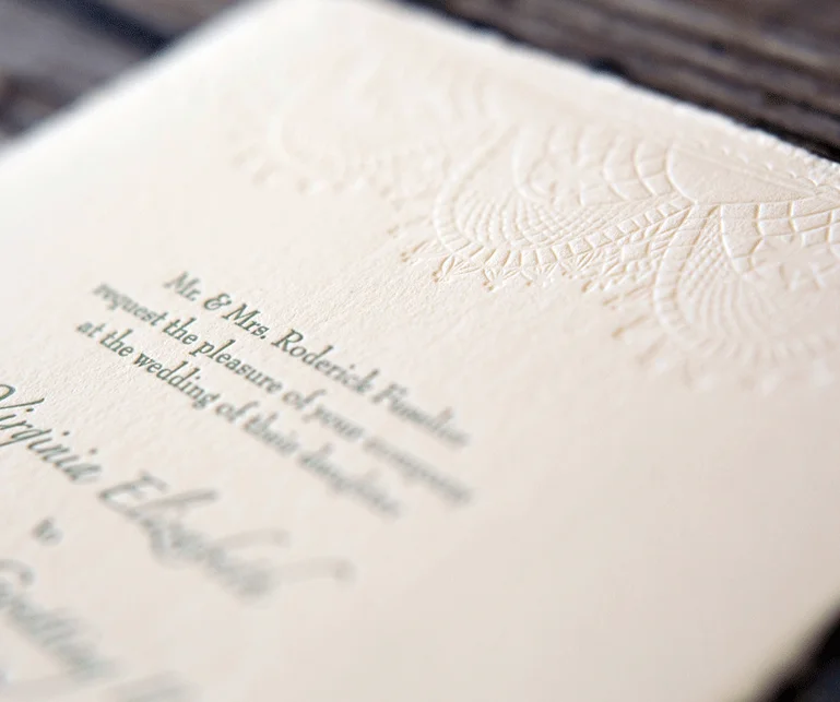 Elegant embossing debossed letter press wedding invitation baby shower card
