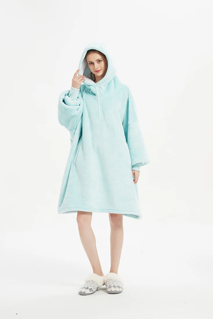 Factory Customize Warm Fleece Blanket Hoodie Zipper Big Hooded Blanket With Sleeve Oversize Adult Blanket Sweater For Women Men