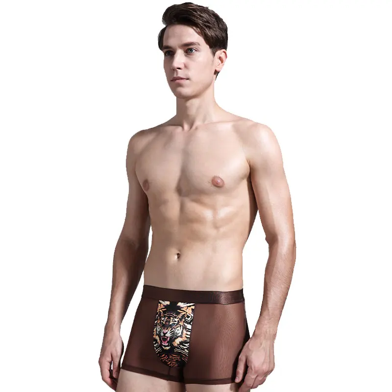 Оптовая продажа, пикантное прозрачное Мужское нижнее белье из нейлоновой сетчатой ткани с принтом тигра, боксеры для мужчин