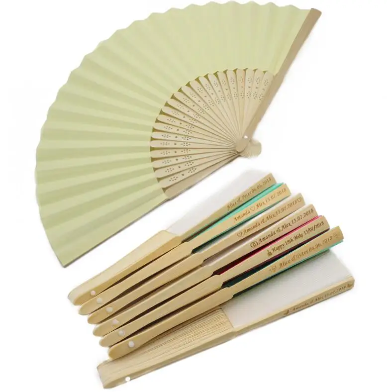 Cheap Ready to ship OEM custom logo printed wedding white silk bamboo hand fan