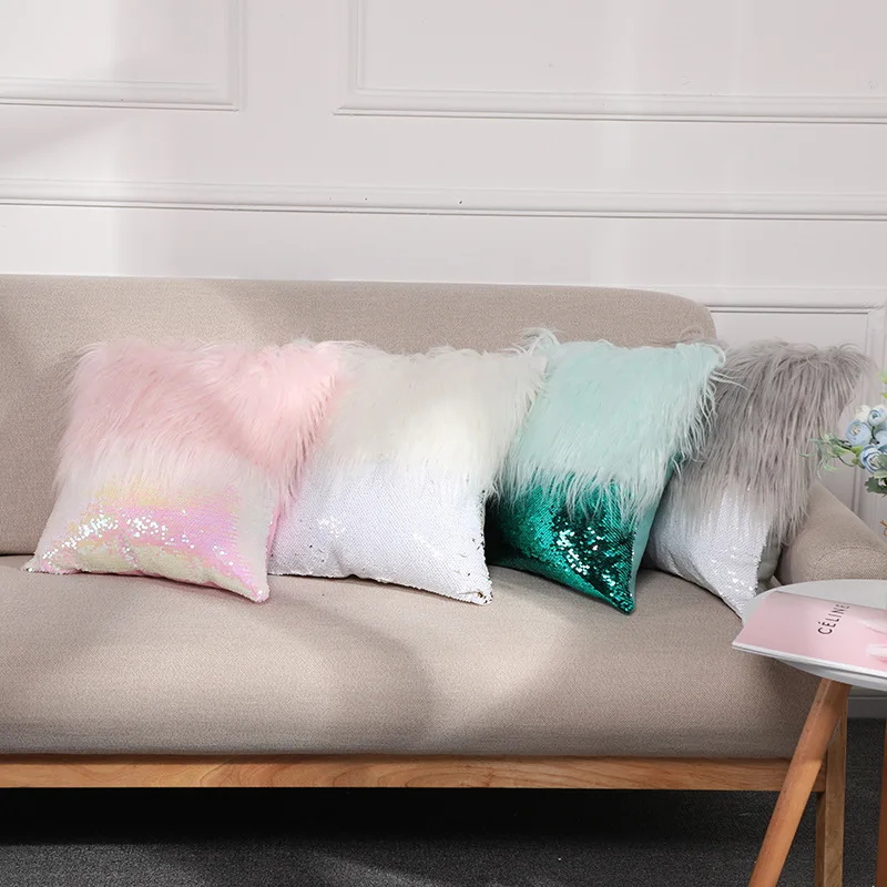 Luxury Soft Decorative faux fur sequins Pillowcase Fuzzy Pillow Covers for Bed/Couch