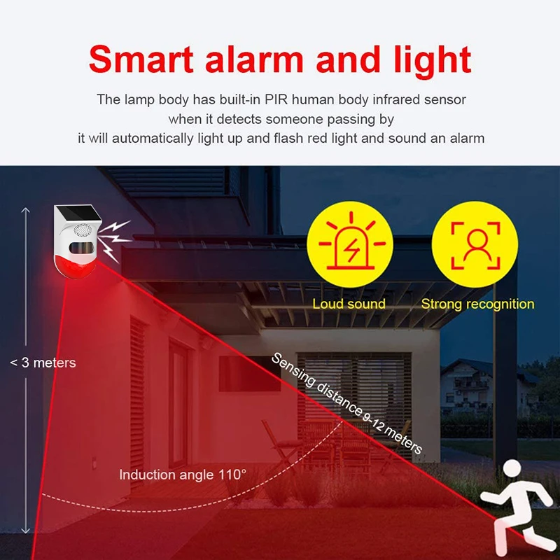 Outdoor Solar PIR Infrared Alarm Wireless System Siren Waterproof Burglar Security Strobe Siren