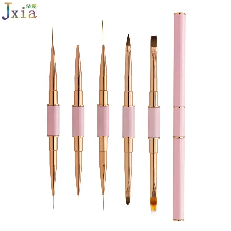 Jiexia Nail Supplies Pink Handle Rose Gold Ferrule Nail 3D Acrylic Thin Detail Liner Gel Painting Art Brushes