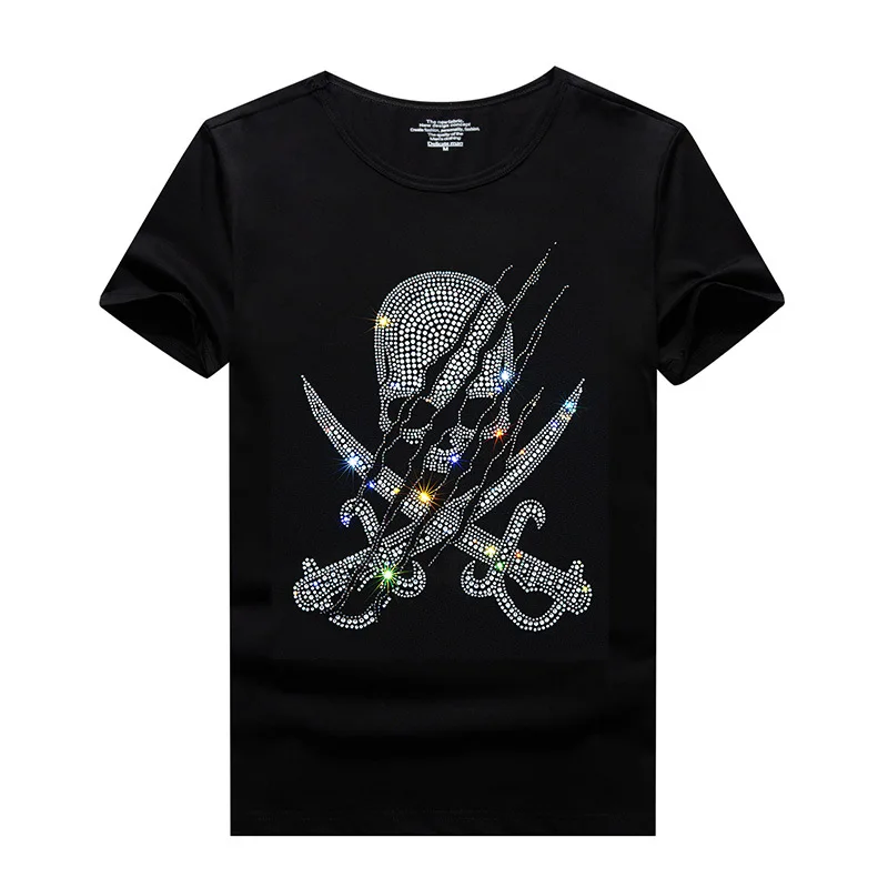 High Quality Summer Rhinestone Skull Half Sleeve Crewneck Mercerized Cotton T-shirt